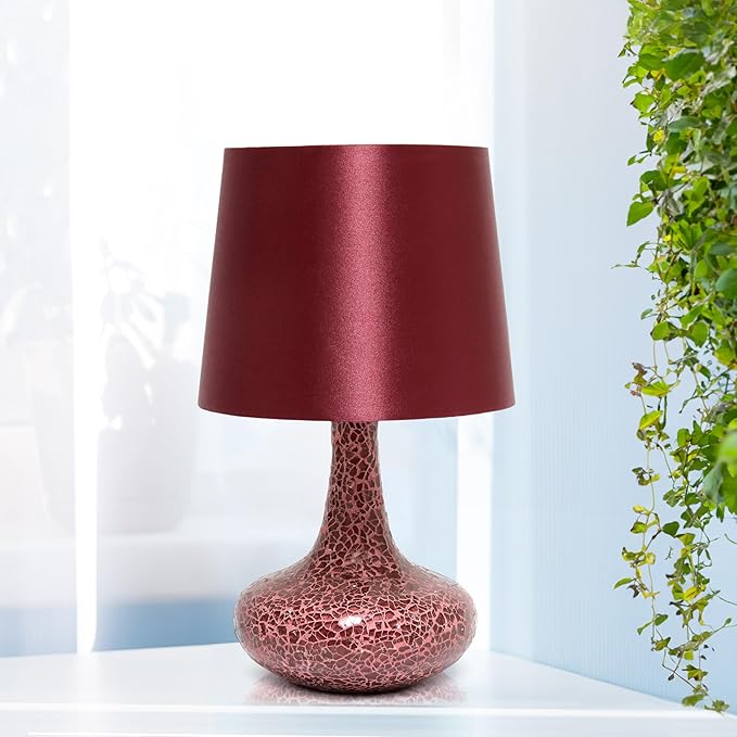 Simple Designs LT1143-RED Colored Glass Fusion Montage Table Lamp and Matching Faux Silk Shade for Entryway, Living Room, Hallway, Bedroom, Office, Red