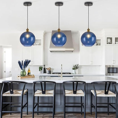 Blue Glass Pendant Lights Kitchen Island Lighting Modern Globe Pendant Light Fixtures Modern Pendant Lights for Kitchen Island Bedroom Living Dining Room Light Fixture-7.8Inch