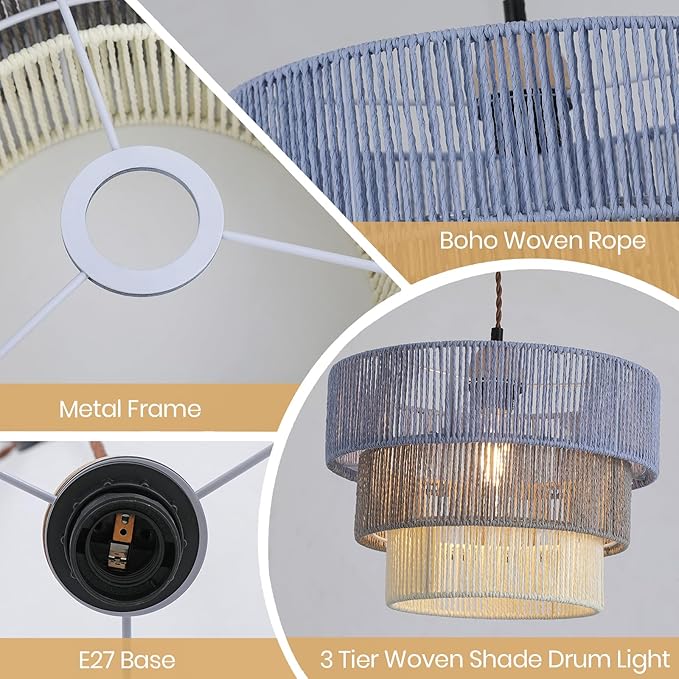 Boho Rattan Lamp Shade in Pastel Blue Gray & White, 3-Tier Drum Style Replacement Shade for Pendant, Chandelier, Floor Lamp, Rustic Hand-Woven Cover for Living Room, Kitchen, Bedroom, Office
