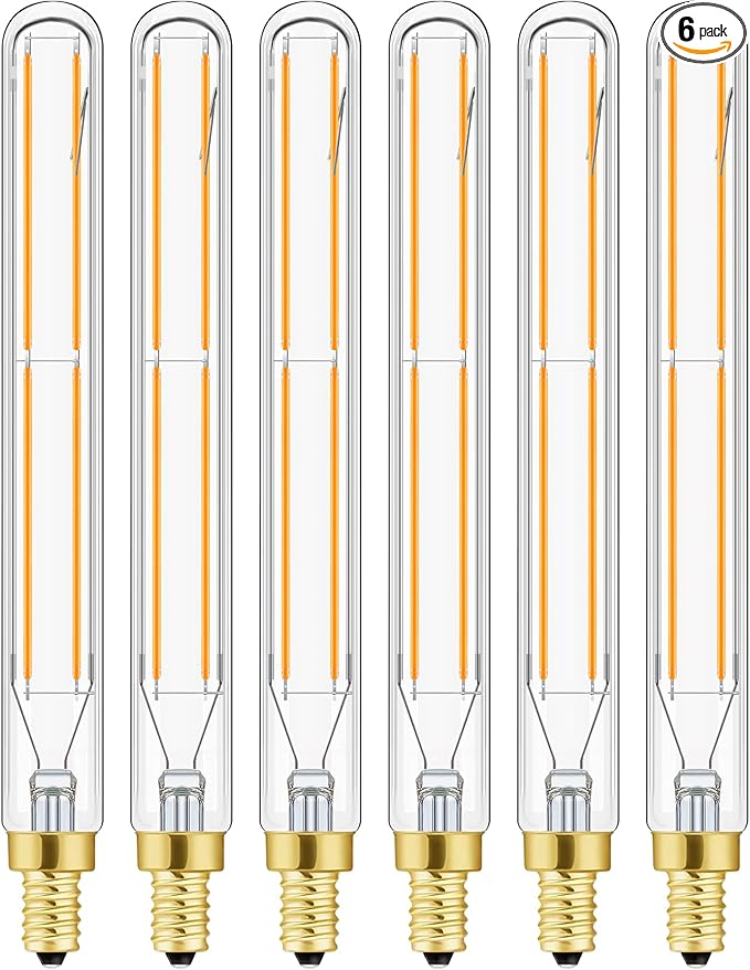 Leools E12 LED Tube Bulbs,T6 Tubular Edison Style LED Filament Bulb, 6W Dimmable Antique LED Bulb,E12 Base,Clear Glass,Warm White,2700K,750LM(60-75W Equivalent),7.3in,Pack of 6