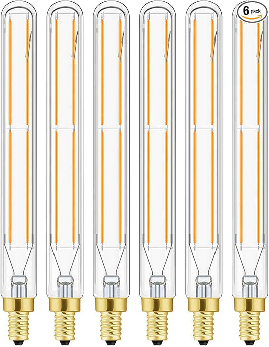 Leools E12 LED Tube Bulbs,T6 Tubular Edison Style LED Filament Bulb, 6W Dimmable Antique LED Bulb,E12 Base,Clear Glass,Warm White,2700K,750LM(60-75W Equivalent),7.3in,Pack of 6