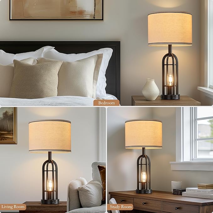 Black Table Lamps for Living Room Set of 2 - Farmhouse Industrial Lamps for Night Stands with Night Light & USB A+C, 24" Rustic Bedside Lamp for Bedroom, Bulbs Included