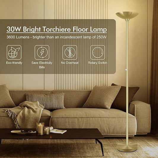 30W Torchiere Floor Lamp Gold, 3600LM Bright Stepless Dimmable Floor Lamp, 71 Inch LED Standing Lamp 3000K, Rotary Switch, I Inch Thick Pole, Tall Metal Torch Floor lamps for Living Room/Bedroom/Den