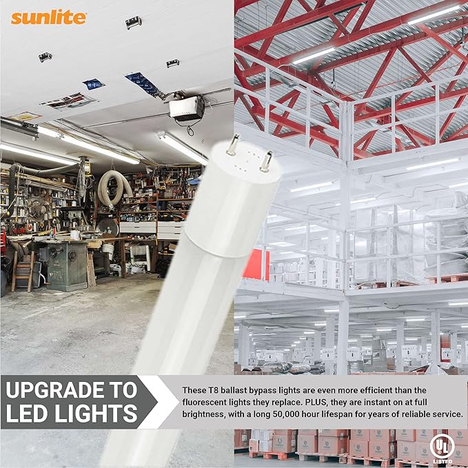 Sunlite 41004 LED T8 Ballast Bypass Light Tube (Type B) 2 Foot, 9W (F17T8 Equal), 1100 Lm, Medium G13 Base, Dual End Connection, Frosted, DLC & UL Listed, 3000K Warm White, 10 Count