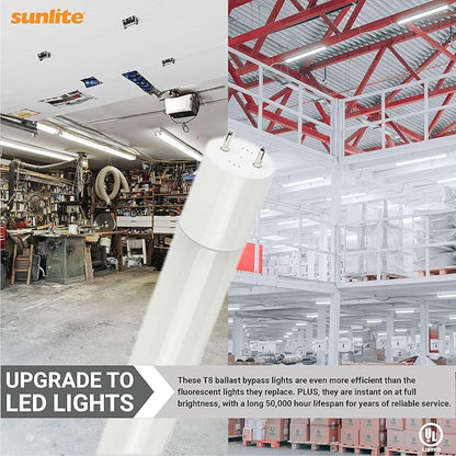 Sunlite 41004 LED T8 Ballast Bypass Light Tube (Type B) 2 Foot, 9W (F17T8 Equal), 1100 Lm, Medium G13 Base, Dual End Connection, Frosted, DLC & UL Listed, 3000K Warm White, 10 Count