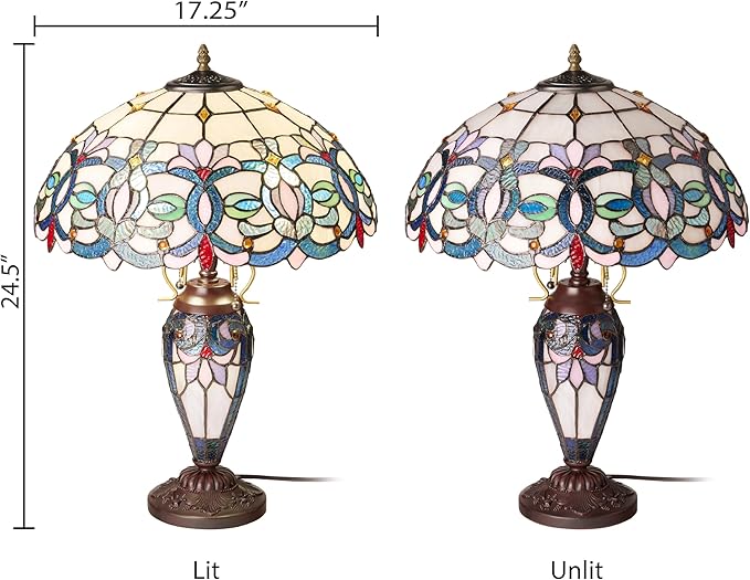 RIVER OF GOODS 24.5" H Victorian Ivory Dome Shade Double Lit Tiffany-Style Stained Glass Table Lamp
