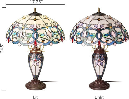RIVER OF GOODS 24.5" H Victorian Ivory Dome Shade Double Lit Tiffany-Style Stained Glass Table Lamp