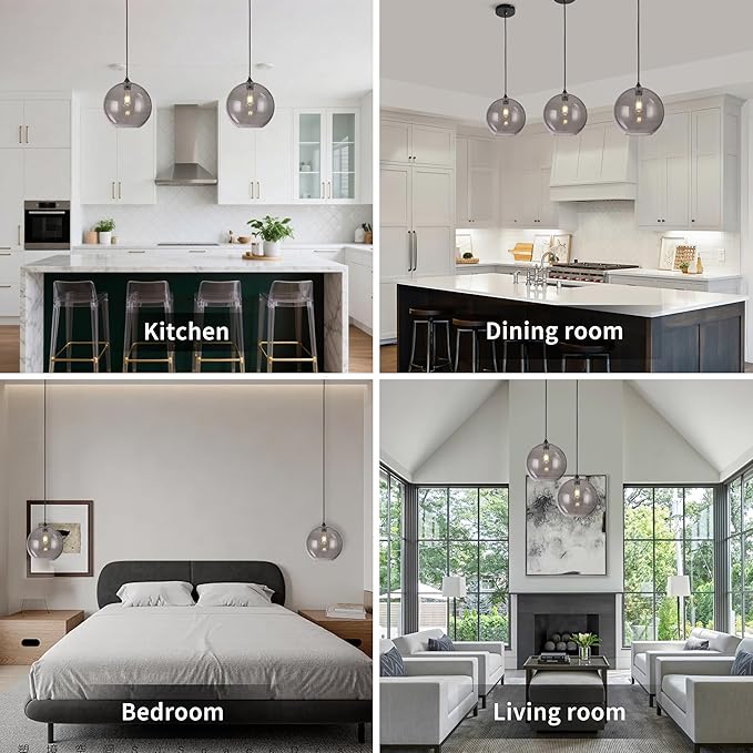Grey Glass Pendant Lights Kitchen Island Lighting Modern Globe Pendant Light Fixtures Modern Pendant Lights for Kitchen Island Bedroom Living Dining Room Light Fixture-11.8inch 2Pack