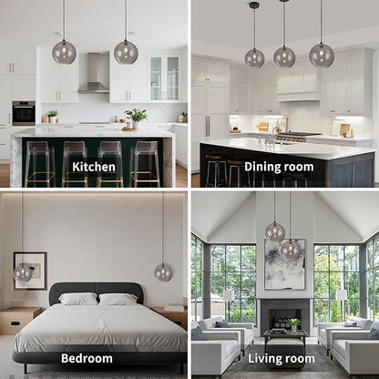 Grey Glass Pendant Lights Kitchen Island Lighting Modern Globe Pendant Light Fixtures Modern Pendant Lights for Kitchen Island Bedroom Living Dining Room Light Fixture-11.8inch 2Pack