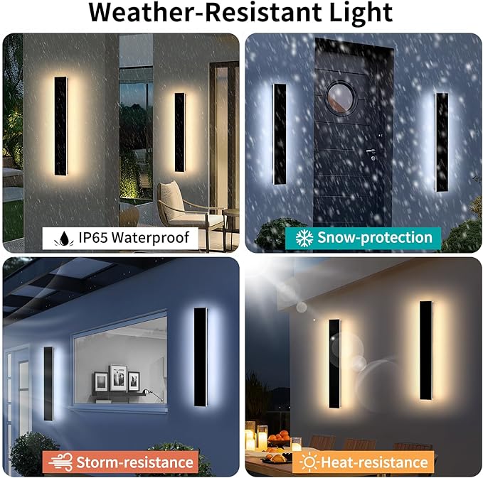 Mikeru 3CCT Dimmable Outdoor Wall Sconce 23.6" IP65 Waterproof - 2Pack Modern Black Exterior Light with Remote Control, Adjustable 3000K/4500K/6000K for Porch, Patio & Commercial Spaces | Hardwired