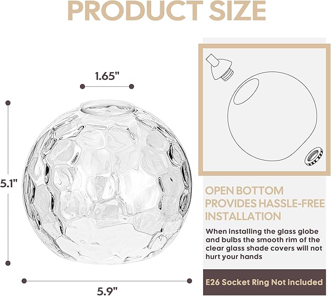 2 Pack Clear Hammered Glass Shade, Globe Glass Shades Replacements Lampshades Covers for light Fixtures with Chandelier Vanity Wall Sconces Pendants