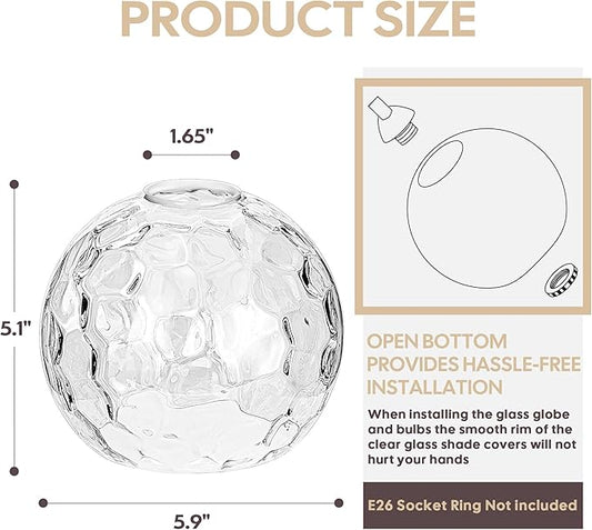 3 Pack Clear Hammered Globe Glass Shade, Glass Shades Replacements Lampshades Covers for light Fixtures with Chandelier Vanity Wall Sconces Pendants