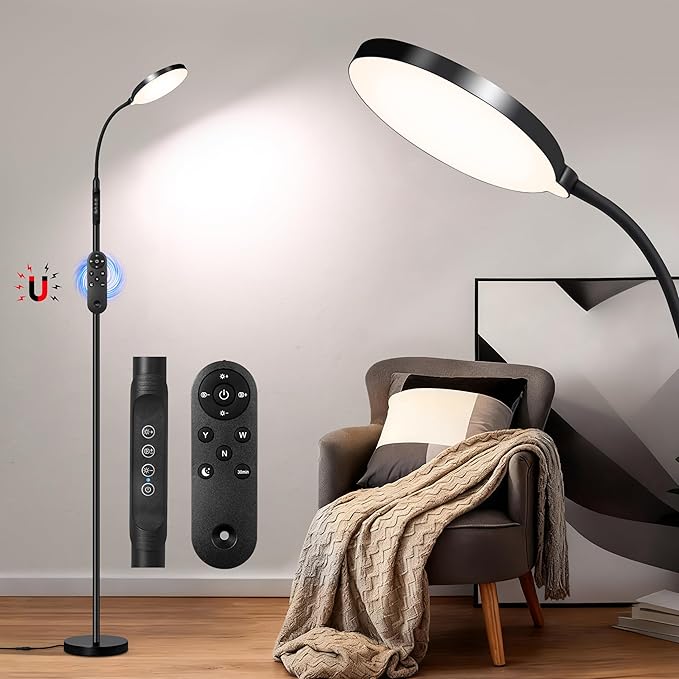 Eye-Caring Full Spectrum LED Floor Lamp, Magnetic Remote & Pole Control, Adjustable Gooseneck Dimmable 3000K-6500K, Stable Base for Living Room Bedroom Office Reading, Black
