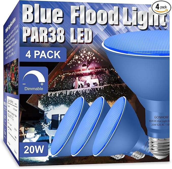 PAR38 Flood Lights Outdoor,Dimmable LED Flood Light Bulbs,20W(Equivalent to 200W),E26 Base,Outdoor Porch,Holiday Lighting,LED Flood Light Bulb for Halloween,Christmas,4 Pack Blue