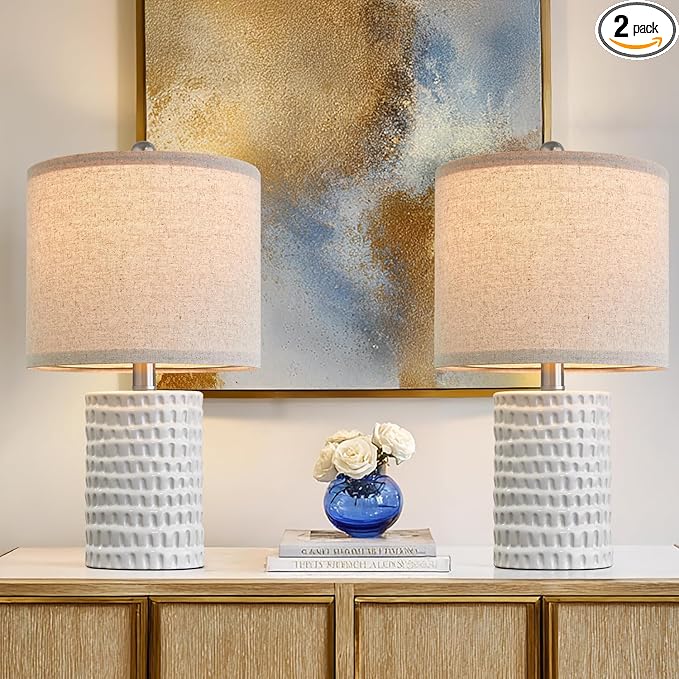 PORTRES 18.25" Modern Ceramic Table Lamps Set of 2 for Bedroom White Desk Lamps Bedside Lamps for Living Room Study Room Office Dorm Farmhouse Decor Nightstand Lamp End Small Table Lamps