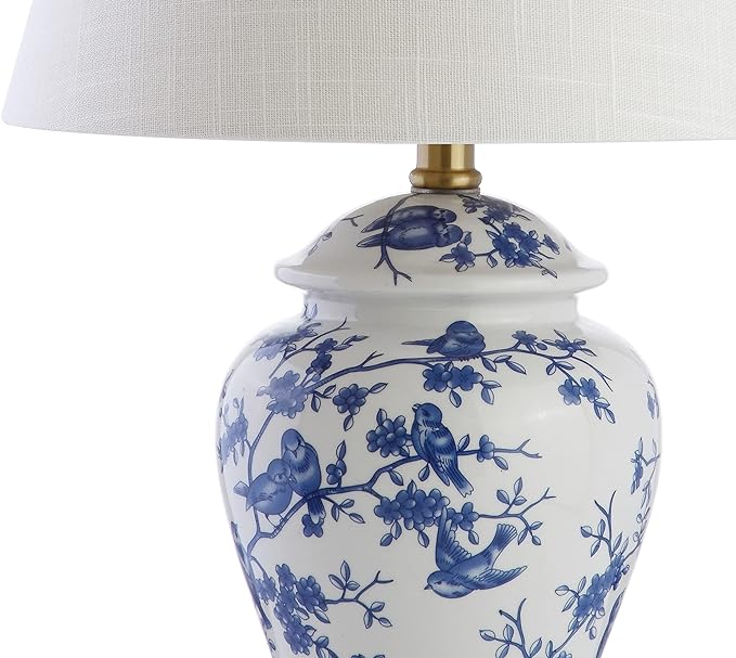 JONATHAN Y JYL3005A 22" French Country Ginger Jar Table Lamp, Blue and White Chinoiserie Ceramic Bedside Lamp for Living Room, Traditional Bedroom Nightstand with White Linen Shade, LED Bulb Included