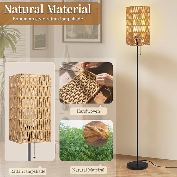 Floor Lamp for Living Room,Farmhouse Floor lamp,Modern Standing lamp with Hand-Worked Rattan Shade (Square Shade-3 Color Blub)