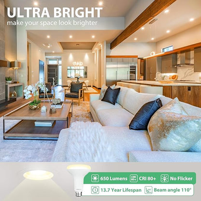 BR30 LED Bulb, Dimmable Flood Lights Indoor CRI80 7W Equivalent 65W 2700K Soft White 650 Lumens, 15000 Lifetime Hours Recessed Light Bulbs, Interior E26 Base LED Can Light Bulbs, 12 Pack