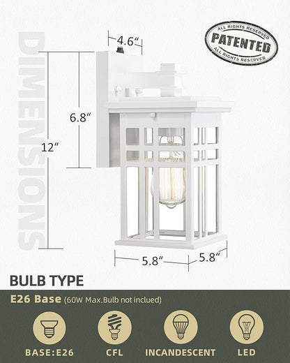 Dusk to Dawn Sensor Outdoor Wall Sconce - HWH Exterior Wall Lantern Light Fixture for Porch, Garage, Doorway, Garden, Glossy White Finish, 5HD27B-PC WH