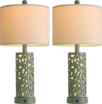 OYEARS 22'' Table Lamp Set of 2 for Living Room, Farmhouse Lamp for Bedroom, Vintage Bedside Lamps with Retro Design and USB Ports, Linen Shade for Home Office (Bulb Included, Green)