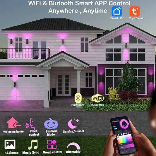 Exterior Double Up Down Outdoor Wall Lights,Mi.Light Remote Control RGB Color Changing 1000lm Warm White 3000k RGBW Cylinder Outdoor Wall Light,Smart LED Exterior Lighting (4 Pack)