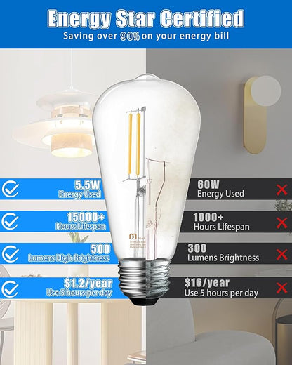 MASTERY MART 10 Pack Vintage Edison Bulbs, E26 Led Bulb 5.5W Equivalent to 60W, Dimmable, 4000K Cool White, High Brightness Antique ST19, Clear Glass