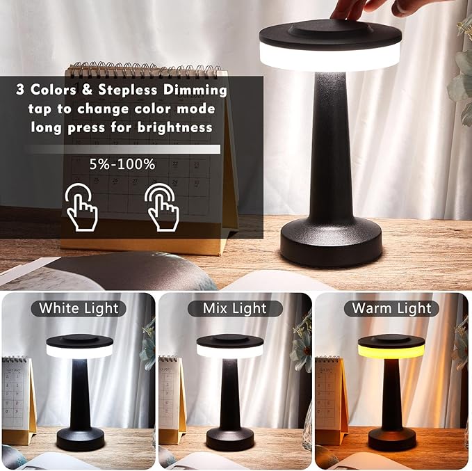 VIHOSE Cordless Table Lamps LED Portable Rechargeable Table Lamp with Touch Sensor 3 Color Dimming up to 15 Hours Battery Desk Light for Restaurant Nursery Living Room(Black,12 Pcs)