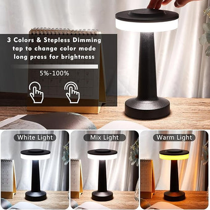 VIHOSE Cordless Table Lamps LED Portable Rechargeable Table Lamp with Touch Sensor 3 Color Dimming up to 15 Hours Battery Desk Light for Restaurant Nursery Living Room(Black,12 Pcs)