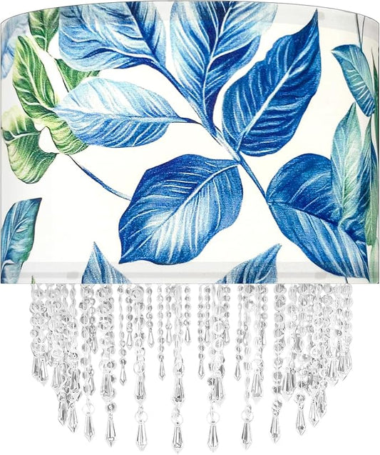 Blue Leaf Tropical Leaf Lamp Shade with Acrylic Bead Droplets, Drum Fabric Light Shade for Ceiling Pendant Table or Floor Lamps, Botanical Nature Home Decor, 15.7in