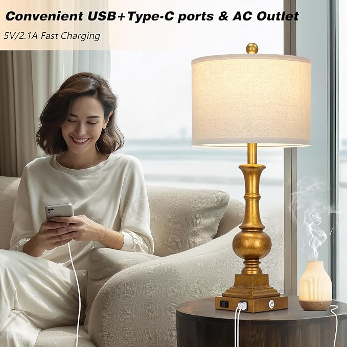 Farmhouse Table Lamps for Living Room, 26" Vintage Table Lamp Set of 2 with USB A+C Charging Ports & AC Outlets, Touch Control 3-Way Dimmable Rustic Bedside Nightstand Lamps for Bedroom Gold Brass