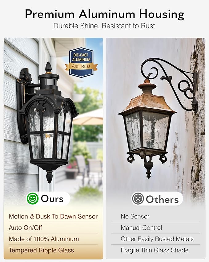 VIANIS Motion Sensor Outdoor Lights, 16.4" H Black Porch Light Outside Lantern with Gold Trim, Waterproof Dusk to Dawn Outdoor Lighting, Exterior Lighting Fixtures for House, Garden, Patio