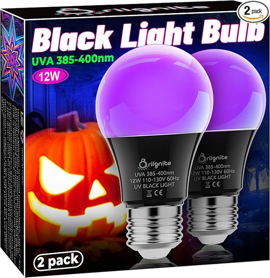 Briignite Black Light Bulbs, 12W LED Black Light Bulb for Halloween Decoration, UVA 385-400nm UV Black Light, A19 Blacklight Bulb for Glow in Dark, Body Paint Fluorescent Poster Glow Party, 2 Pack