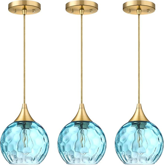 6.3" Blue Texture Glass Pendant Light 3 Pack Pendant Ceiling Light Fixture Gold Finish Modern Farmhouse Dinning Over Sink Adjustable Height Cord