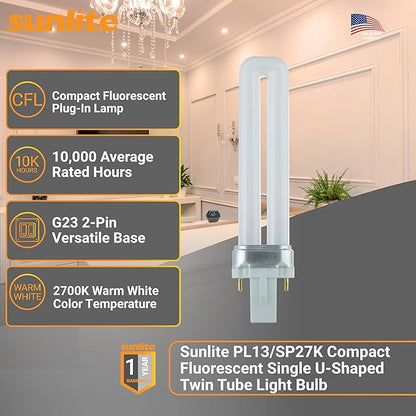 Sunlite PL13/SP27K Compact Fluorescent Single U-Shaped Twin Tube Light Bulb, 13 Watts, 120 Volts, 720 Lumens, 2-Pin GX23 Base, 2700K Soft White, 10 Pack