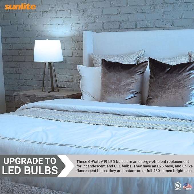 Sunlite LED A19 Light Bulb, 6 Watts (40 Watt Equivalent), 480 Lumens, 120 Volts, Dimmable, Medium E26 Base, UL Listed, RoHS, 6500K Daylight, 12 Pack