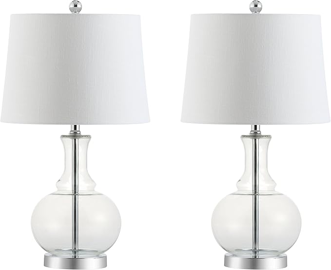 JONATHAN Y JYL1068B-SET2 25" Clear Glass Table Lamp Set of 2 for Living Room Bedroom, Contemporary Glam Bedside Nightstand Lamps with White Linen Drum Shade and Chrome Base, LED Bulbs Included