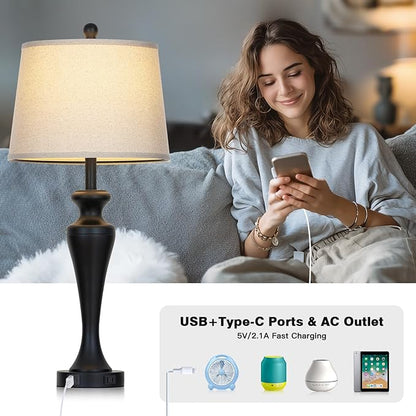 30 Inch Single Black Table Lamp for Bedroom, Modern Tall Lamp for Living Room End Table, 3-Way Dimmable Touch Nightstand Lamps, Metal Bedside Lamps with USB A+C Ports and AC Outlet, Bulb Included