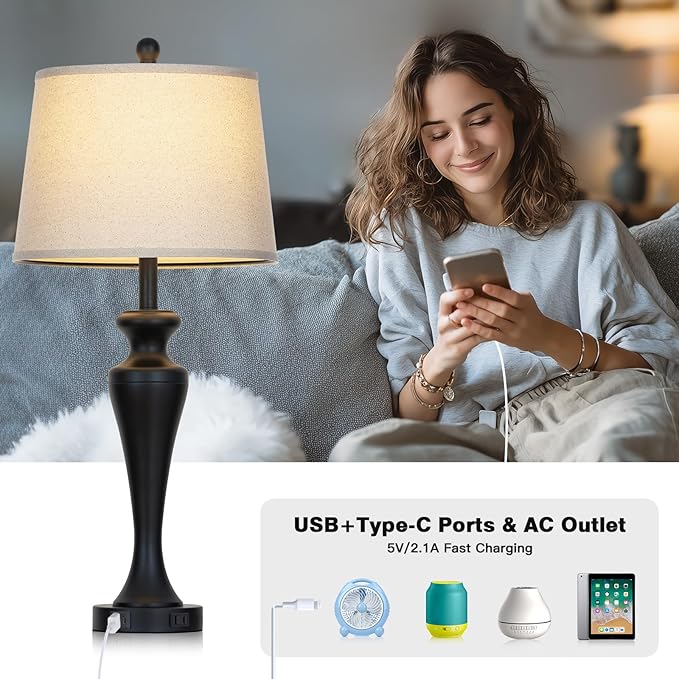 30" Black Table Lamps for Living Room, 3-Way Dimmable Touch Bedside Lamp with USB A+C Ports and AC Outlet, Tall Bedroom Lamps Set of 2, Modern Metal Nightstand Lamps for Desk Side Table Office
