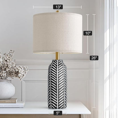 BOBOMOMO 26" Farmhouse Black Table Lamps Set of 2 – Rustic Resin Lamps with Vintage Leaf Pattern and Linen Shades, Black Bedside Lamps for Bedroom, Living Room, Office, Entryway, Console Table