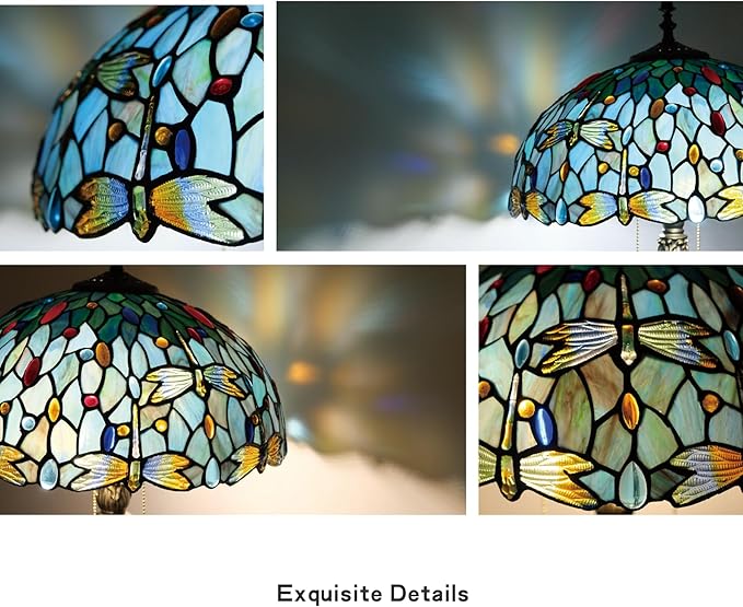 Tiffany Style Floor Lamp, 16" Stained Glass Dragonfly Shade with Antique Bronze Base, 2-Light E26 Pull Chain Standing Reading Light for Living Room, Bedroom, UL Listed, 16x16x64 Inches