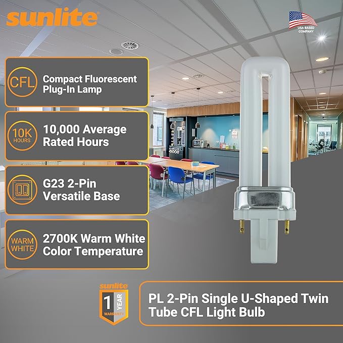 Sunlite PL7/SP27K Plugin U-Shaped Compact Fluorescent Lamp, 7 Watts, 360 Lumens, 2700K Soft White, 2-Pin (G23) Base, 10 Pack