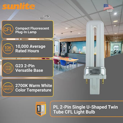 Sunlite PL7/SP27K Plugin U-Shaped Compact Fluorescent Lamp, 7 Watts, 360 Lumens, 2700K Soft White, 2-Pin (G23) Base, 10 Pack