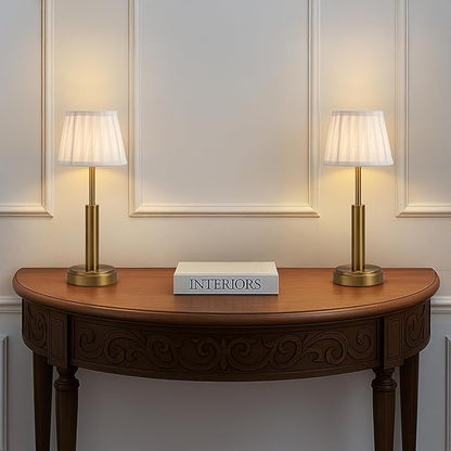16'' Vintage Fabric Shade Rechargeable LED Table Lamp Touch Control Cordless USB Nightstand Lamp in Antique Brass with Stepless Dimming for Bedroom Dorm Living Room