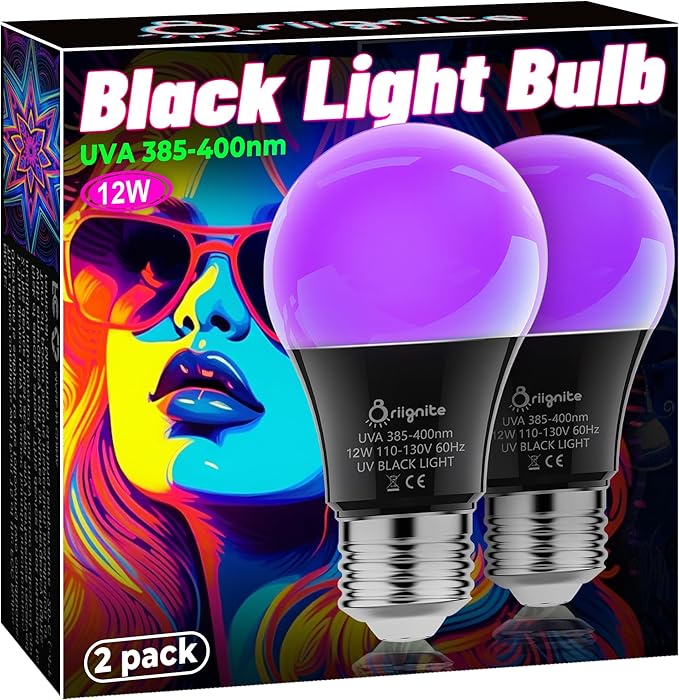 Briignite Black Light Bulbs, 12W LED Black Light Bulb for Halloween Decoration, UVA 385-400nm UV Black Light, A19 Blacklight Bulb for Glow in Dark, Body Paint Fluorescent Poster Glow Party, 2 Pack
