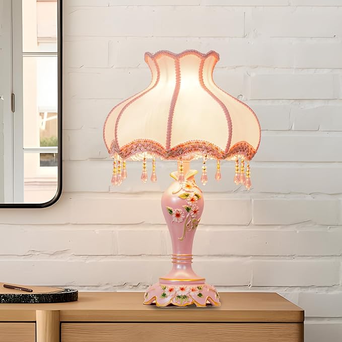 Cute Table Lamp with Fabric Lampshade, Antique Flower Decorative Bedside Desk Nightstand Lamp, Handmade Night Light for Bedroom Living Room (Pink)
