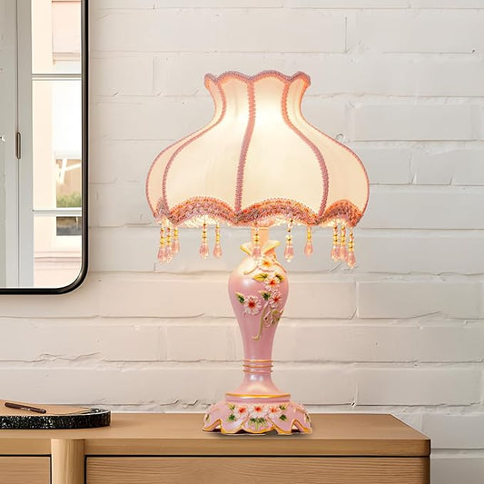 Cute Table Lamp with Fabric Lampshade, Antique Flower Decorative Bedside Desk Nightstand Lamp, Handmade Night Light for Bedroom Living Room (Pink)