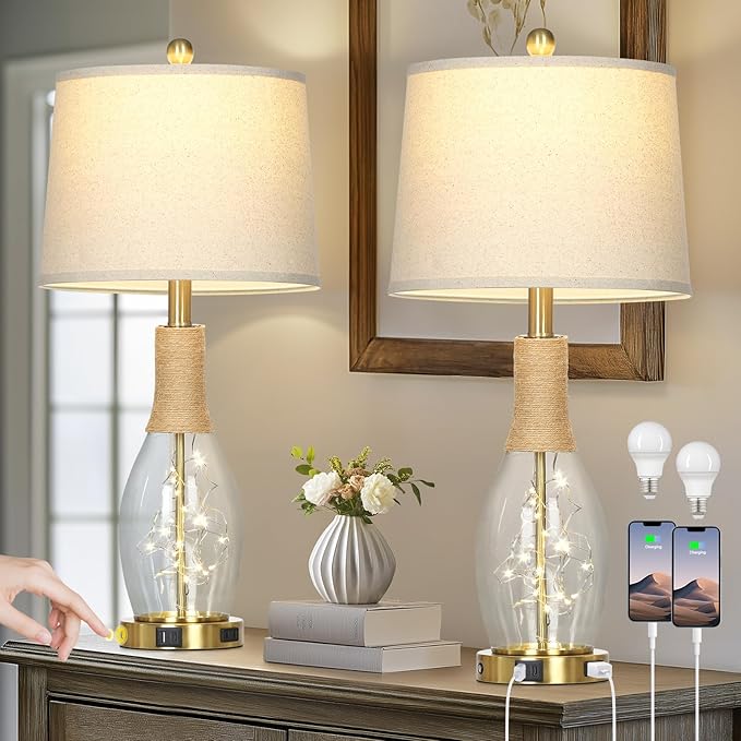 27.5" Coastal Glass Table Lamps Set of 2, Touch Control 3-Way Dimmable Modern Table Lamps with USB A+C Ports & AC Outlets, Farmhouse Rustic Boho Vintage Night Light for Living Room Bedroom Gold Ocean