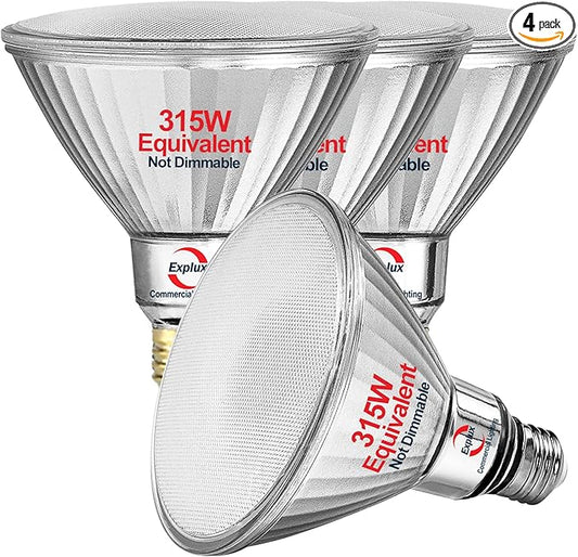 Explux 315 Watt Equivalent PAR38 LED Flood Light Bulb, Ultra Bright 4300 Lumens, Non-Dimmable, Full-Glass Outdoor Waterproof & Anti-Ageing, Daylight 5000K, 4-Pack