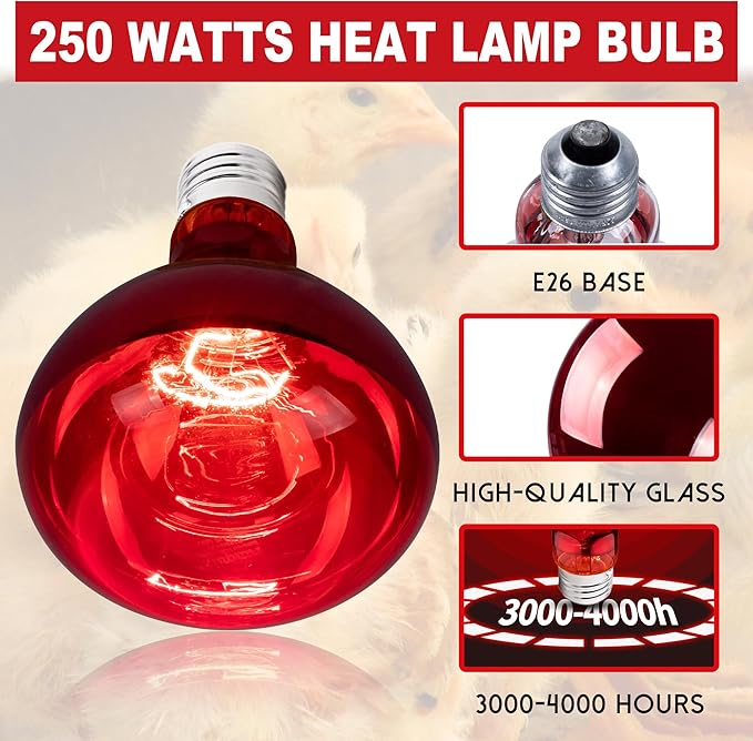 4 Pack 250W Heat Lamp Bulbs for Chicks, R40 Red Heat Lamp for Chickens, Infrared Heating Bulbs for Brooder Heater, I Incandescent Heat Bulb for Pet, Bathroom, Food
