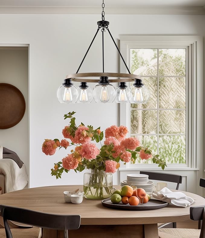 Kira Home Elwood 25" 5-Light Industrial Rustic Farmhouse Wagon Wheel Chandelier + Clear Glass Globe Shades, Smoked Birch Finish